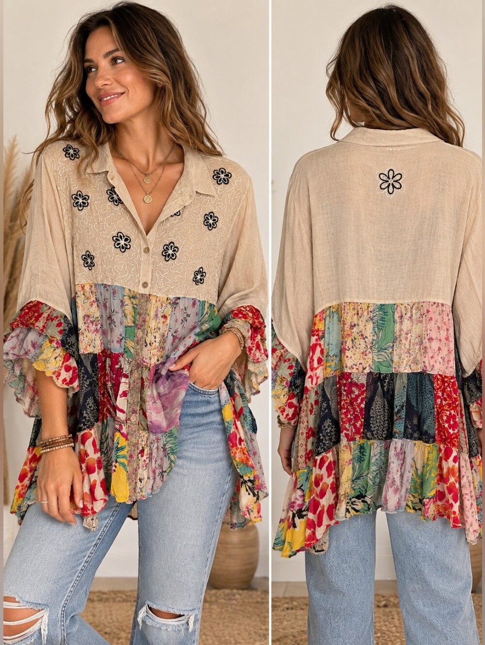 Young Threads 3X Boho Patchwork Floral Embroidered Button Front Tunic Top NWT